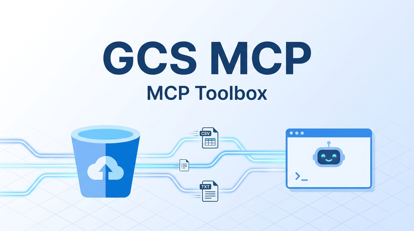 GCS MCPのアイキャッチ画像。Cloud StorageのバケットからCSVやテキストファイルがデータラインを通ってAIエージェントのターミナルへ流れるフラットデザインのイラスト