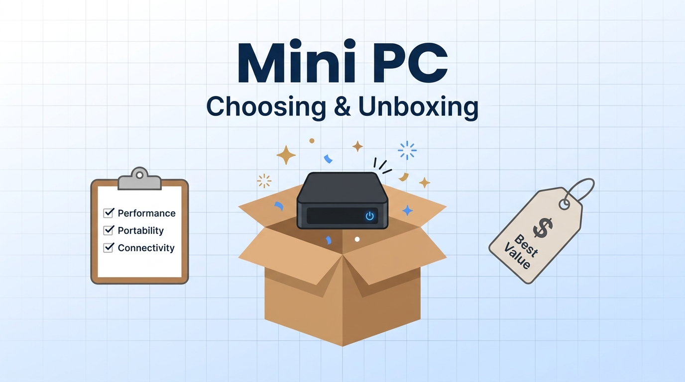 ミニPCの選び方と開封レビュー記事のアイキャッチ画像。開いた段ボール箱から現れるミニPC本体と、選定基準を表すチェックリスト、値札のアイコンを描いたフラットデザインのイラスト