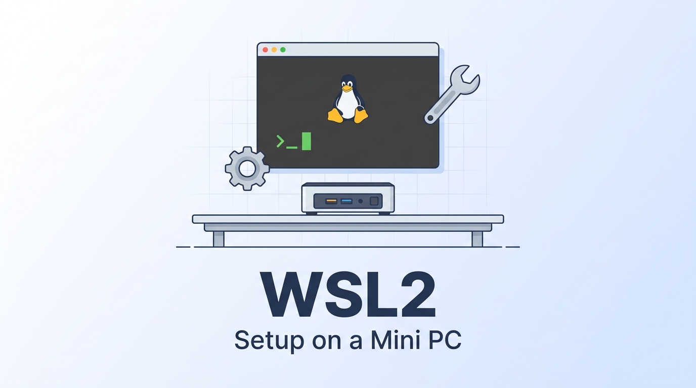 ミニPCでWSL2を導入する記事のアイキャッチ画像。机の上のミニPCからターミナルウィンドウとペンギンのアイコンが立ち上がり、初期設定を表す歯車とレンチのアイコンが添えられたフラットデザインのイラスト