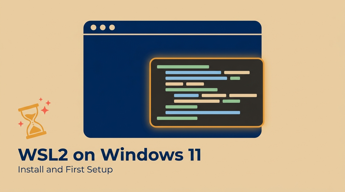 「WSL2 on Windows 11」「Install and First Setup」の文字と、Windows のウィンドウの中に入れ子になった Linux ターミナル、待ち時間を表す砂時計を描いたイラスト