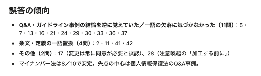 課題Ⅰの誤答の傾向。ガイドラインやQ&Aの事例の結論を逆に覚えていた誤りが最も多く、マイナンバー法は8割で安定していたことを示す