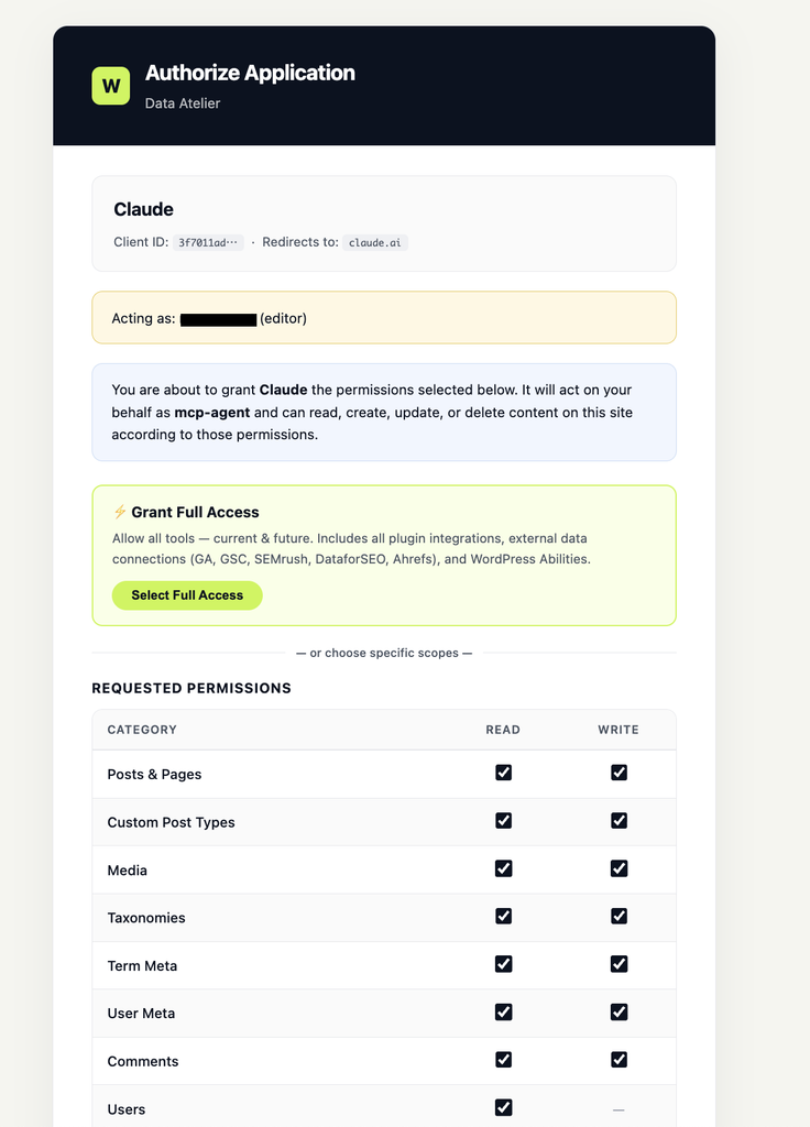 Claude の OAuth 承認画面。editor として動くことと、要求された権限の一覧
