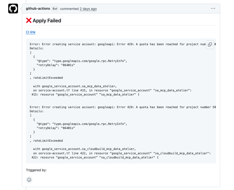 CI の terraform apply がサービスアカウント作成の 429 エラーで失敗した GitHub のコメント