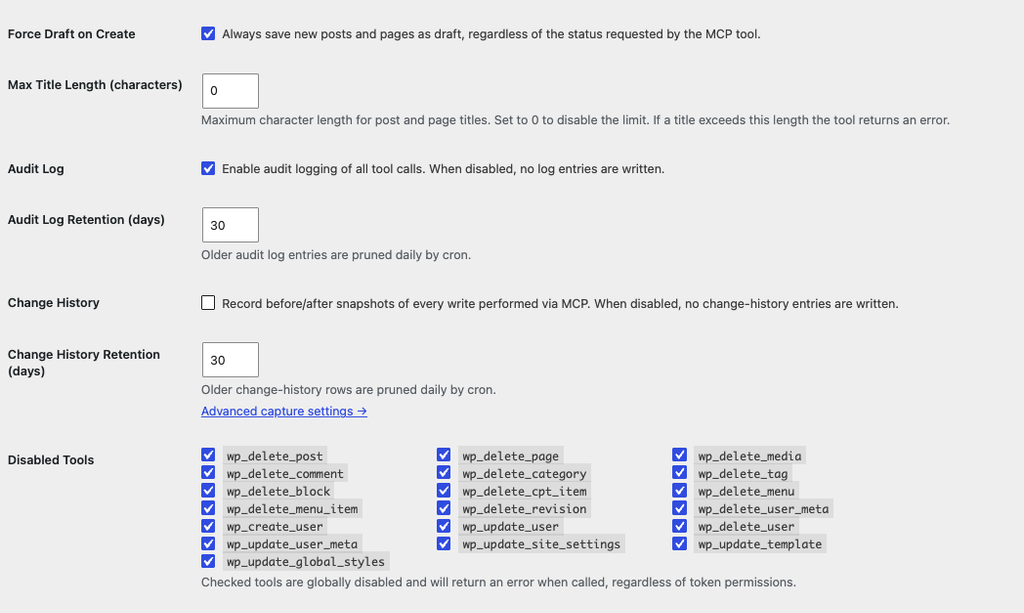 Easy MCP AI の設定画面。Force Draft on Create と Audit Log が有効で、削除系ツールが無効化されている