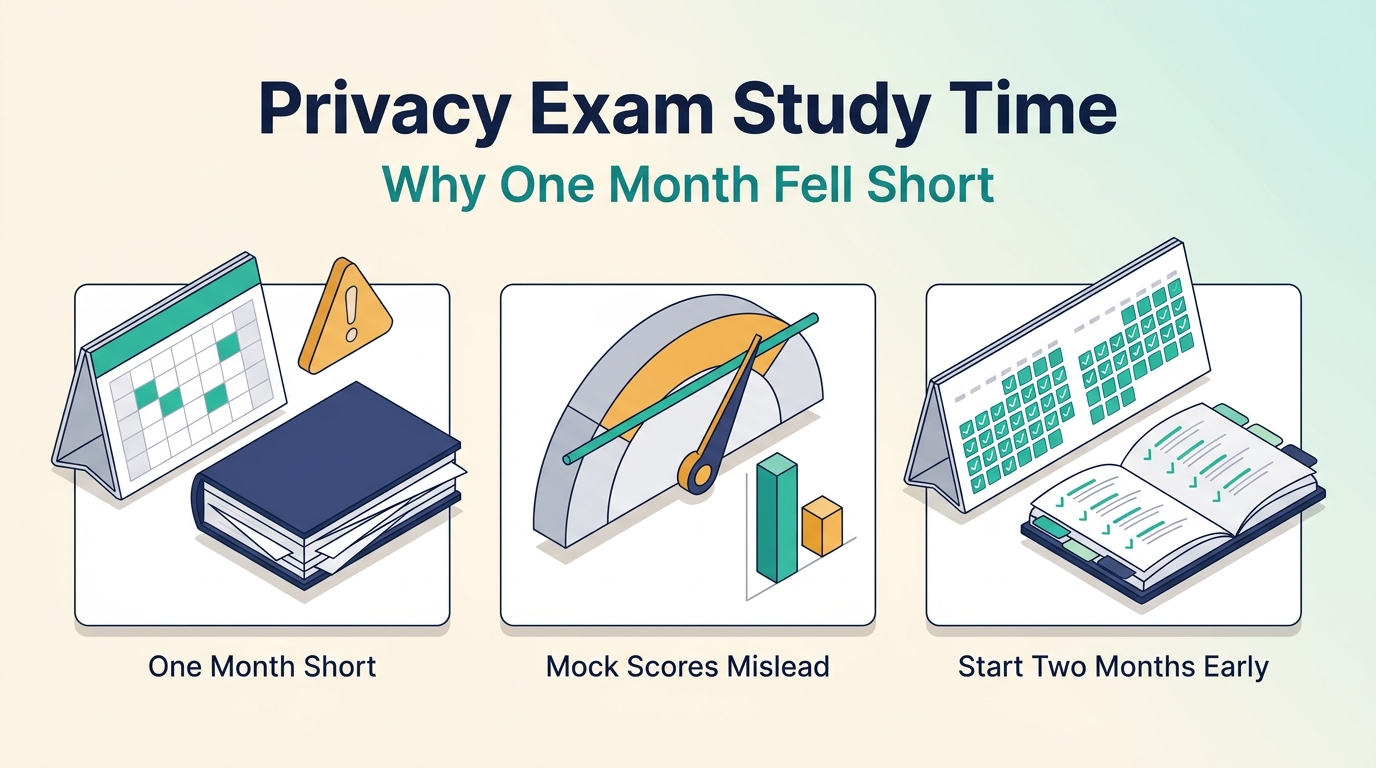 「Privacy Exam Study Time / Why One Month Fell Short」の見出し。1ヶ月分のカレンダーと手つかずの問題集、合格ラインに届かないメーター、2ヶ月分のカレンダーとチェック済みの問題集、の3コマを並べた図