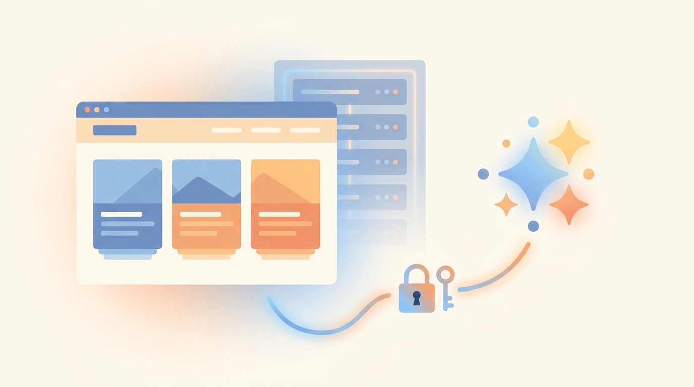 WordPress のサイトと AI アシスタントが鍵付きの線で安全に接続されているイラスト