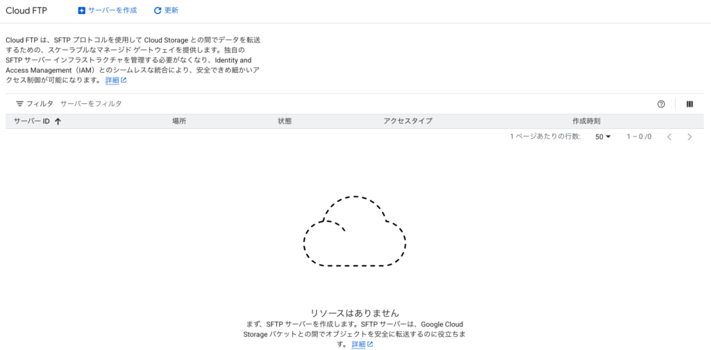 Cloud FTP のサーバー一覧が 0 件で、「リソースはありません」と表示されている画面