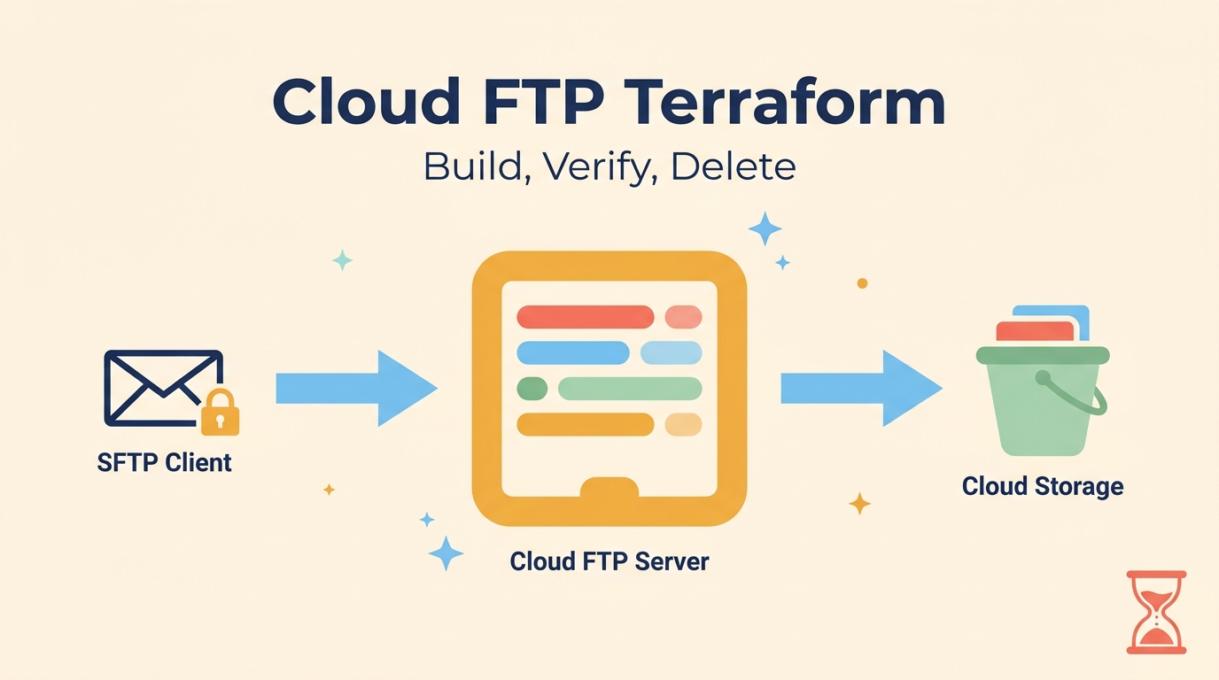 Cloud FTP Terraform と書かれたアイキャッチ。鍵付きの封筒から SFTP サーバー、Cloud Storage のバケットへ矢印でつながり、右下に砂時計が置かれている。画像内の文字は Cloud FTP Terraform、Build, Verify, Delete、SFTP Client、Cloud FTP Server、Cloud Storage