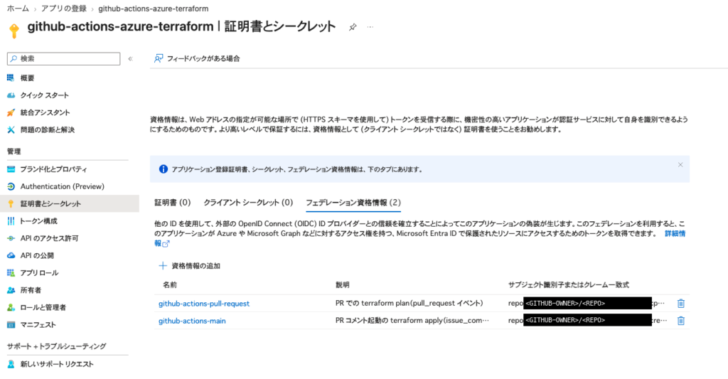フェデレーション資格情報の一覧に、pull_request 用と main の ref 用の 2 本が並んでいる。subject の GitHub アカウント名とリポジトリ名は黒塗りにしてある