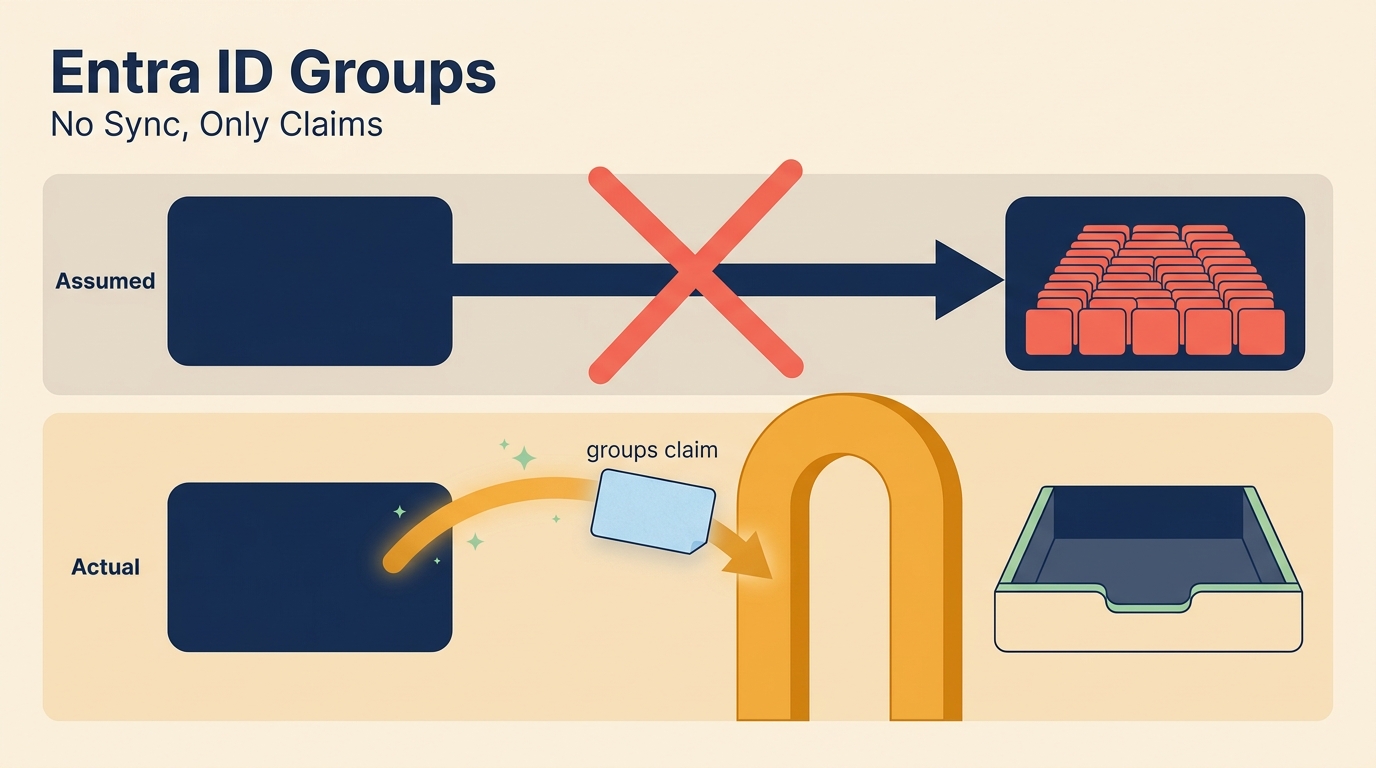 「Entra ID Groups」「No Sync, Only Claims」の文字。上段のAssumedレーンはグループがコピーされる図に赤い×が重なり、下段のActualレーンではgroups claimのカードが門へ飛び、その先の引き出しは空になっている図