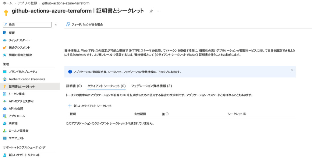 CI 用アプリ登録の「証明書とシークレット」画面。証明書 0 件、クライアント シークレット 0 件、フェデレーション資格情報 2 件のタブが並んでいる