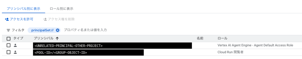 GCPのIAM画面をフィルタprincipalSet://で絞った結果。プリンシパルが<POOL-ID>/<GROUP-OBJECT-ID>の形式で表示され、ロールにCloud Run 閲覧者が付いている
