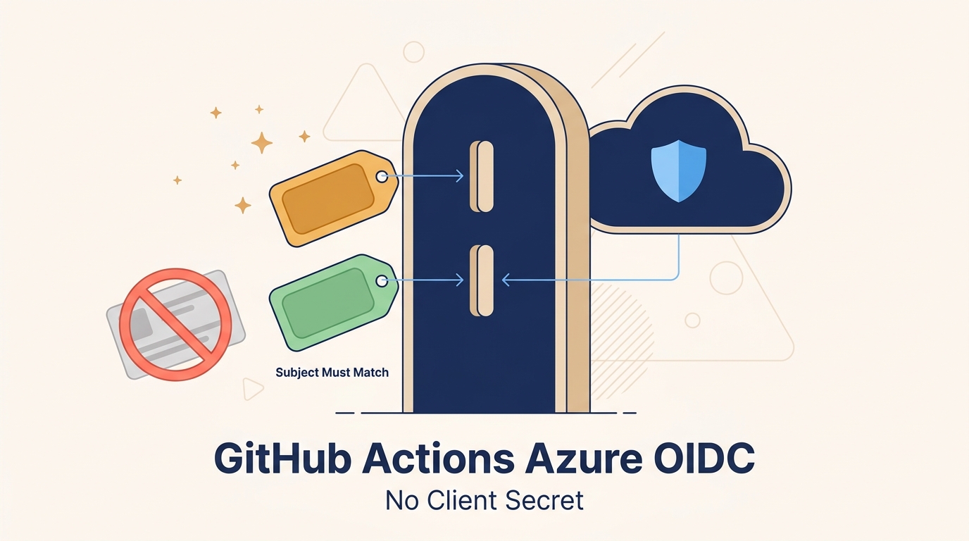 「GitHub Actions Azure OIDC」「No Client Secret」の文字。取り消し線の付いたシークレットカードの横で、2 枚のタグ型トークンが門の 2 つの差込口へ差し込まれ、その先に盾付きの雲が並ぶイラスト。タグの下に「Subject Must Match」のラベル
