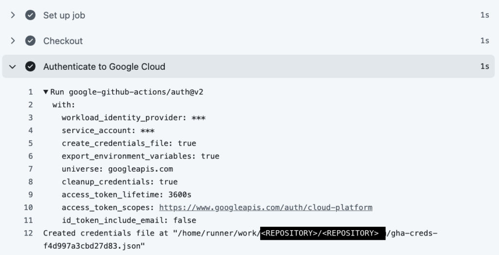 GitHub Actions の plan ジョブのログ。Authenticate to Google Cloud のステップが成功し、workload_identity_provider と service_account は *** と表示されている