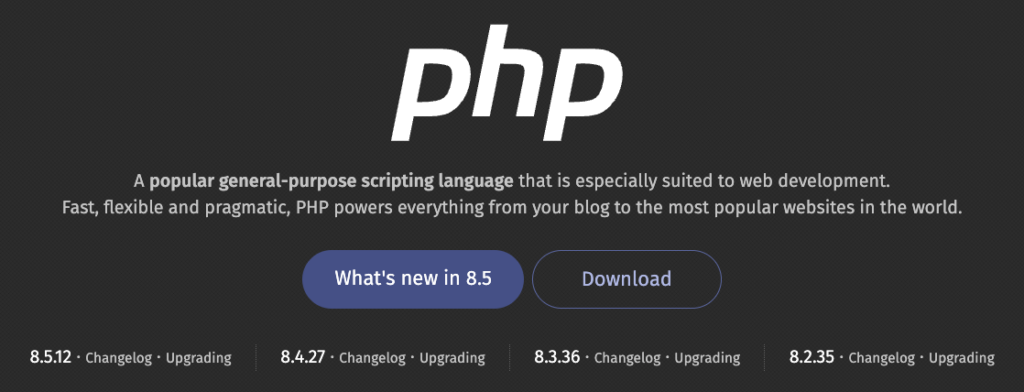 php.net のトップページ。下部に 8.5.12 / 8.4.27 / 8.3.36 / 8.2.35 の4つのバージョンが並んでいる