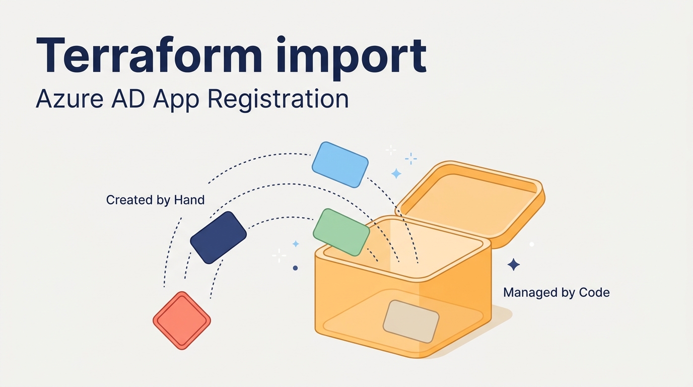 手で作った Azure AD のアプリ登録が、曲線をたどって Terraform の state の箱に入っていくイラスト。画像内の文字は Terraform import、Azure AD App Registration、Created by Hand、Managed by Code