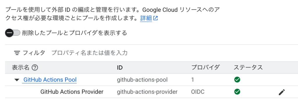 Google Cloud コンソールの Workload Identity 連携の一覧。GitHub Actions Pool（ID: github-actions-pool）の下に OIDC の GitHub Actions Provider（ID: github-actions-provider）があり、どちらもステータスが有効