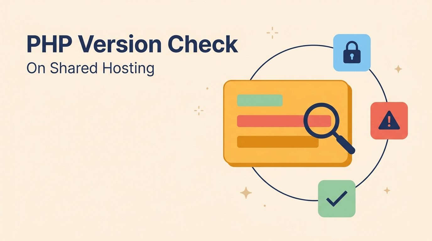 「PHP Version Check」「On Shared Hosting」の文字と、サーバーの状態を示すカードを虫眼鏡で調べる図。周囲に鍵・警告・チェックの小さなタイルが並ぶ